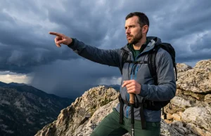 How to Read Weather Signs on the Trail (No Apps Needed) Hiker in Patagonia jacket on rocky ridge pointing at incoming storm clouds to read weather signs without apps
