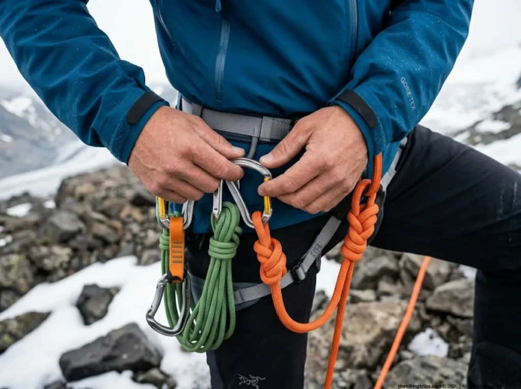 Close-up of hiker's glacier gear checklist, organizing locking carabiners and friction hitches on an alpine harness.