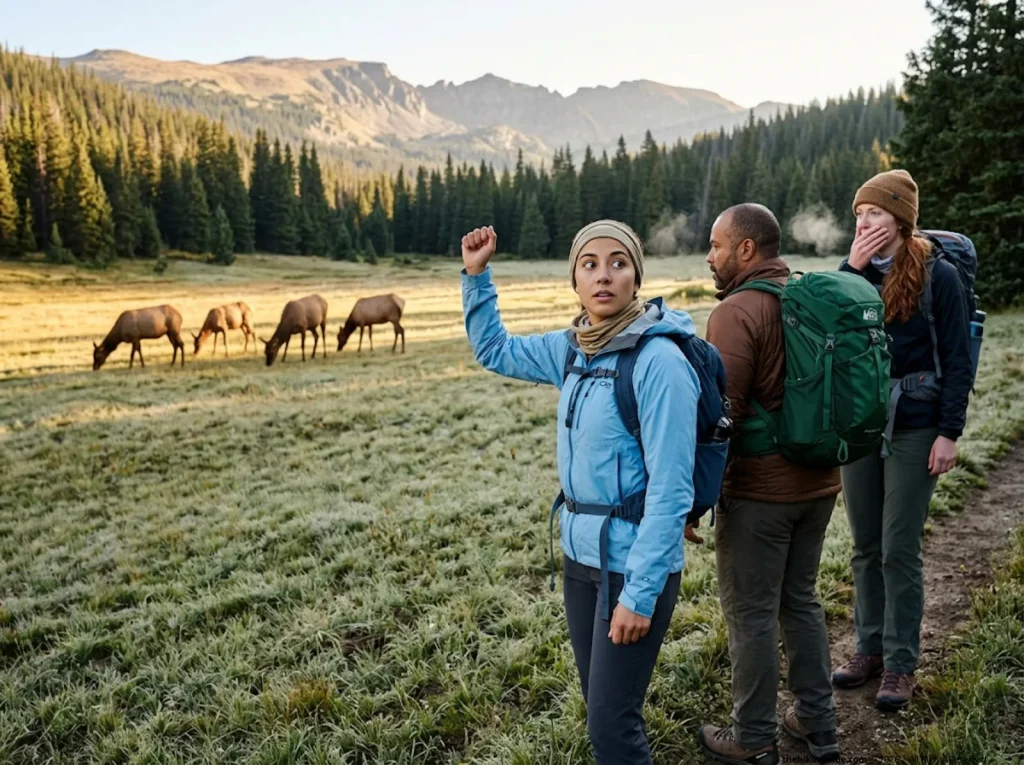 Hikers stopping quietly on Colorado meadow trail to observe elk herd without causing stress or displacement