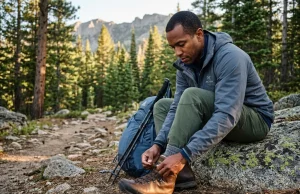 The 80-Hour Rule for Breaking In Hiking Boots Hiker tightening full-grain leather Asolo boots at sunrise trailhead — hiking footwear break in timeline