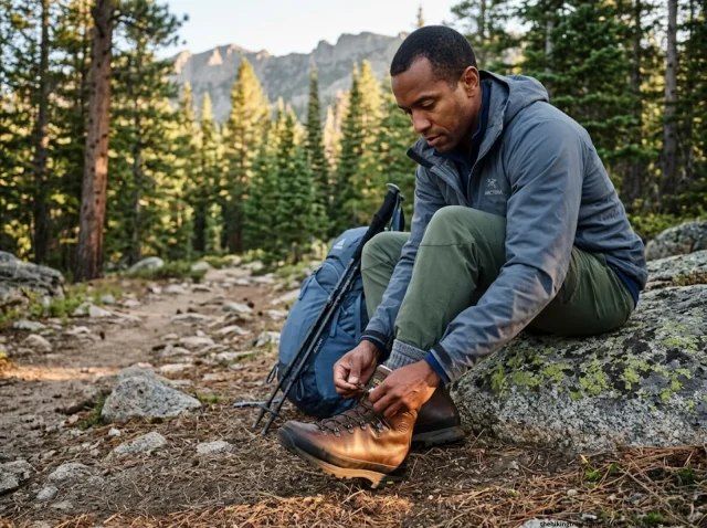 hiking-boot-break-in-hero-asolo-leather-trailhead Hiker tightening full-grain leather Asolo boots at sunrise trailhead — hiking footwear break in timeline