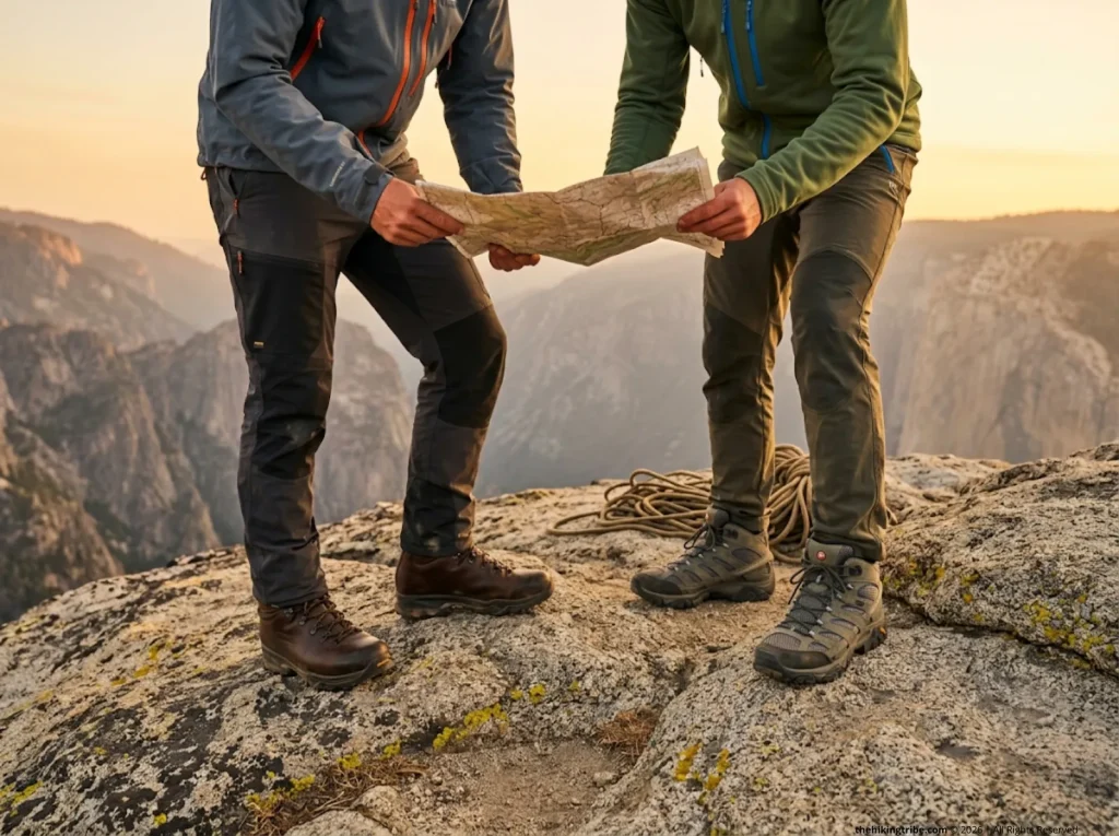 Close up of full grain leather Zamberlan boots next to synthetic Merrell Moab boots on a rocky trail