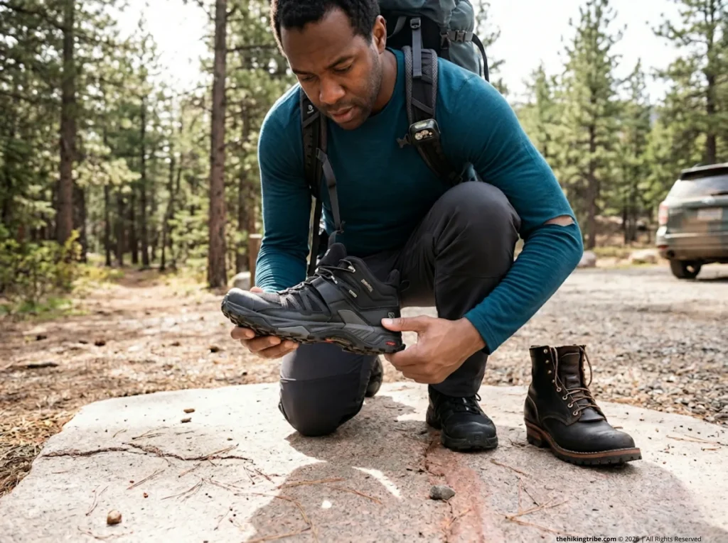 Hiker performing thumb press midsole test on Salomon trail running shoe at rocky trailhead to detect cushioning failure