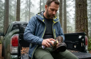 Hiking Boot Waterproofing Methods Compared (Wax vs Spray) Hiker applying Nikwax waterproofing treatment to damp Scarpa boots at a muddy trailhead