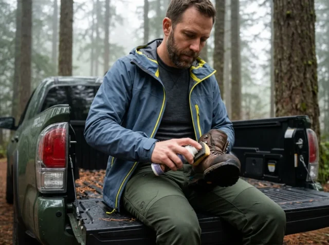 hiking-boot-waterproofing-methods-compared Hiker applying Nikwax waterproofing treatment to damp Scarpa boots at a muddy trailhead