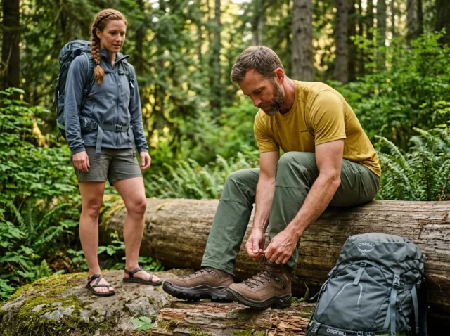 hiking-boots-vs-shoes-sandals-field-test Two hikers contrasting heavy Lowa boots and minimalist Bedrock sandals on forest trail.