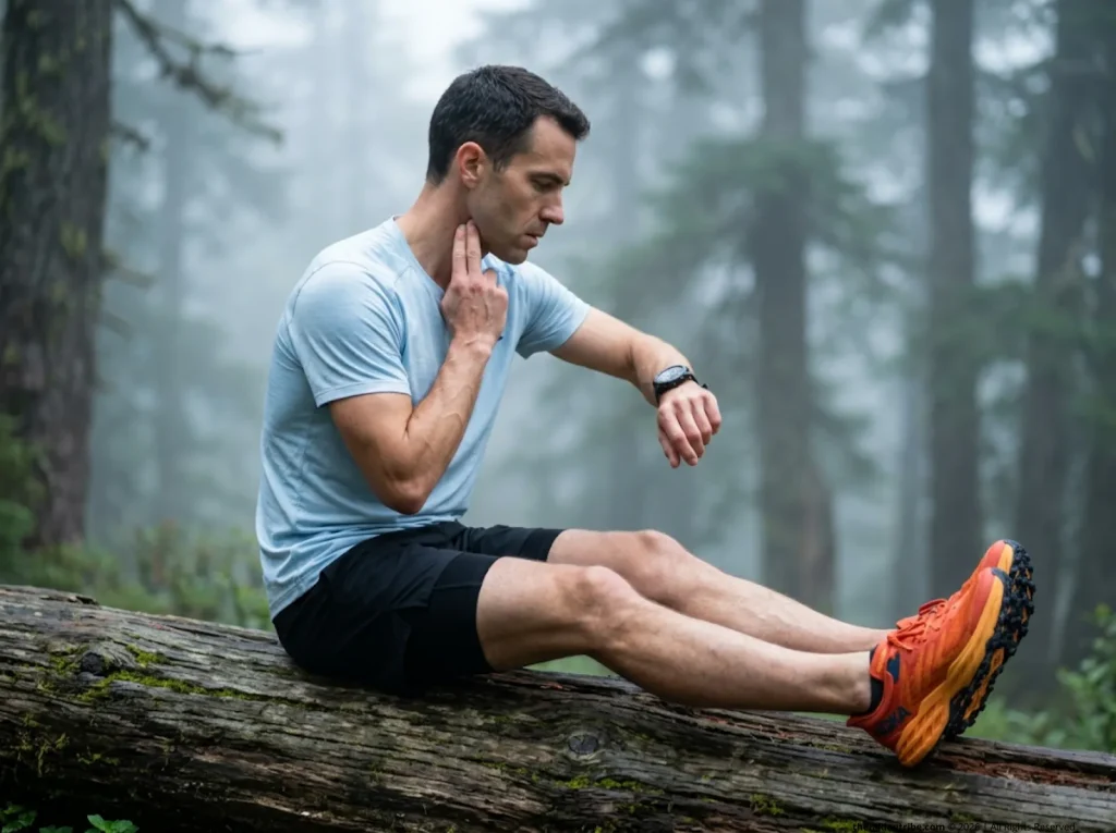 Hiker calculating his heart rate recovery on a fitness smartwatch after performing the YMCA step test.