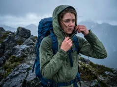 Are you ruining your DWR? A hiking clothing care guide Female hiker experiencing DWR wetting out on a rain-soaked mountain ridge