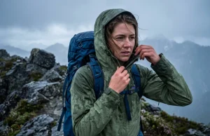 Are you ruining your DWR? A hiking clothing care guide Female hiker experiencing DWR wetting out on a rain-soaked mountain ridge