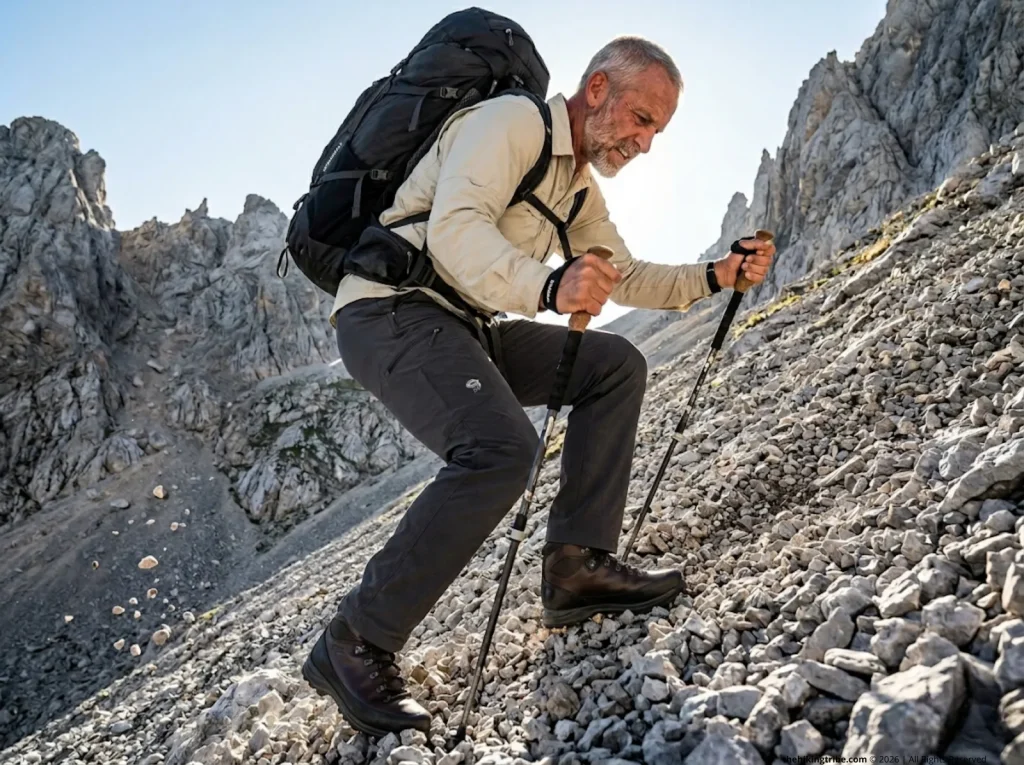 Older hiker using extreme eccentric braking strength to navigate a steep descent during a hiking fitness test.