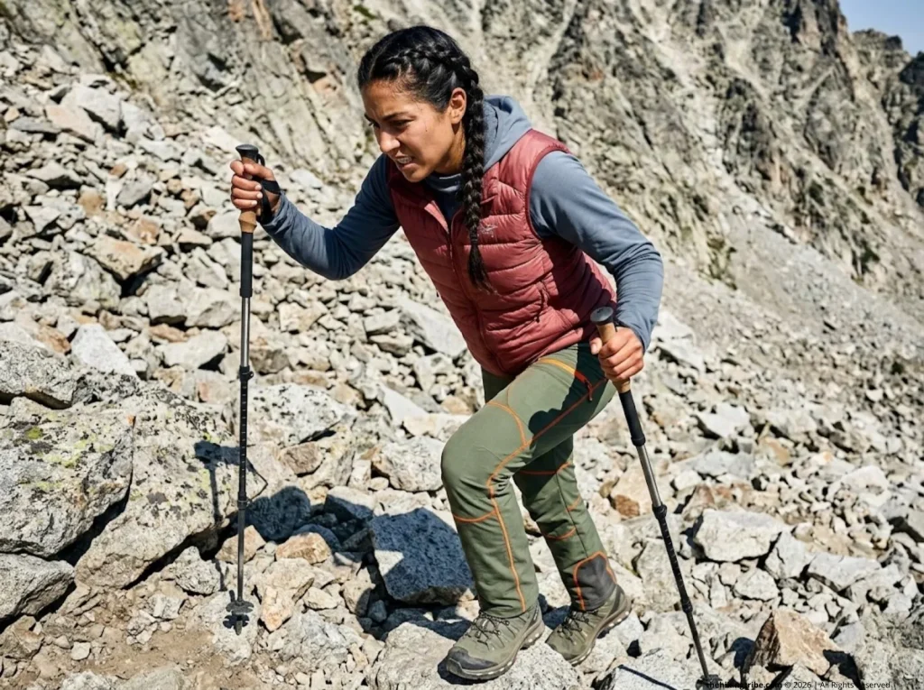 Female hiker climbing steep rocky slope using trekking poles for leverage