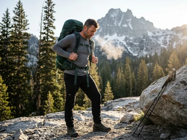hiking-fitness-test-trailhead-preparation Male hiker adjusting his Osprey backpack at an alpine trailhead preparing for a hiking fitness test.