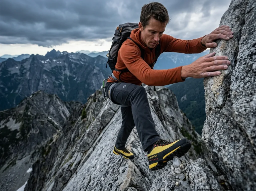 Focused climber edging La Sportiva approach shoes on a tiny quartz crystal along a ridge.