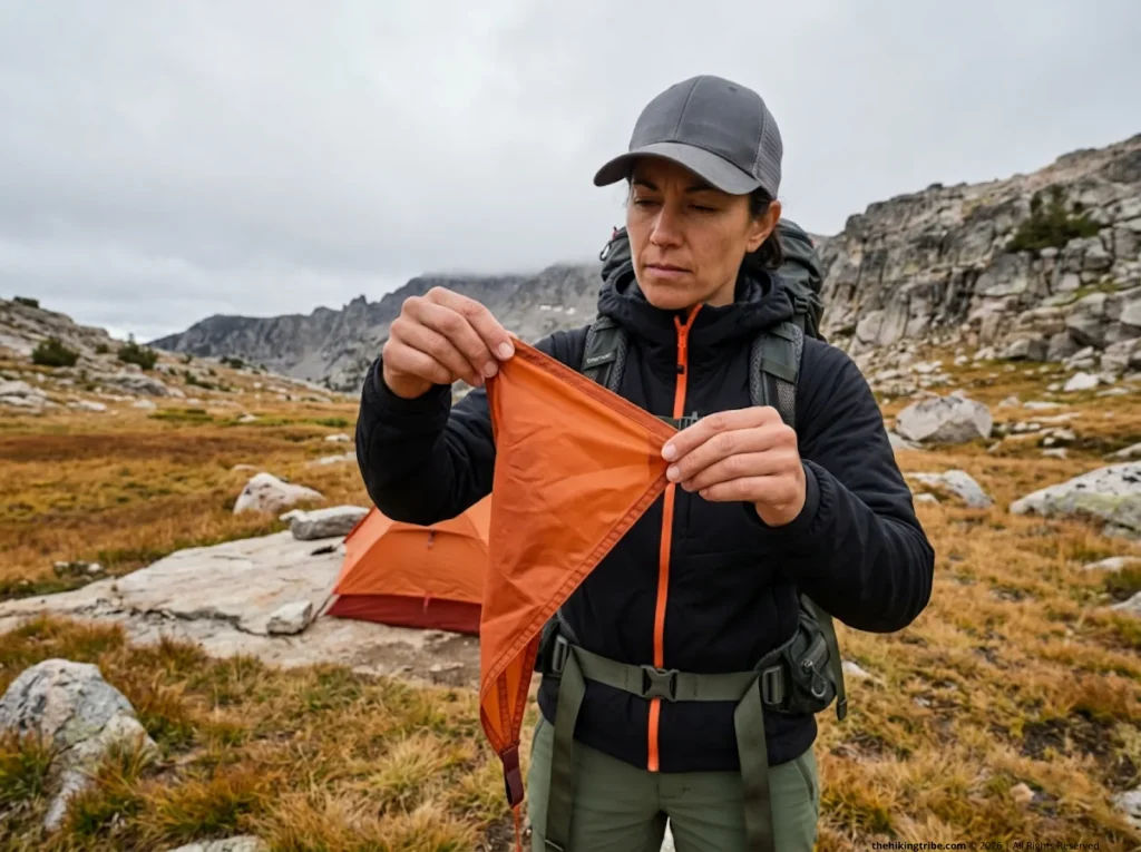 Female hiker flexing MSR tent rainfly fabric to check for UV brittleness and polyurethane degradation in alpine meadow