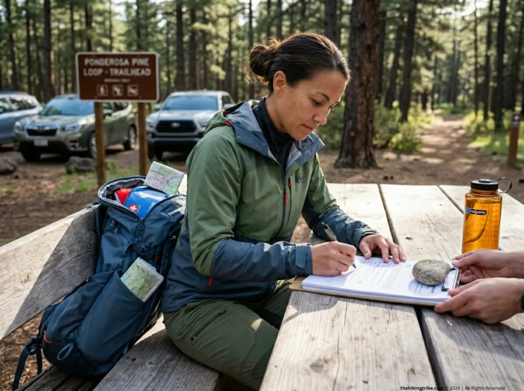 Hike organizer reviewing liability waivers at a trailhead before a group hike  