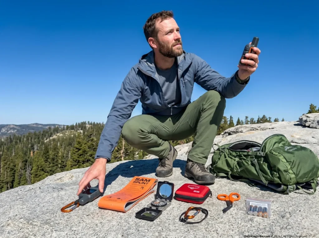 Hiking group leader laying out specialized emergency kit including PLB and SAM splint on granite