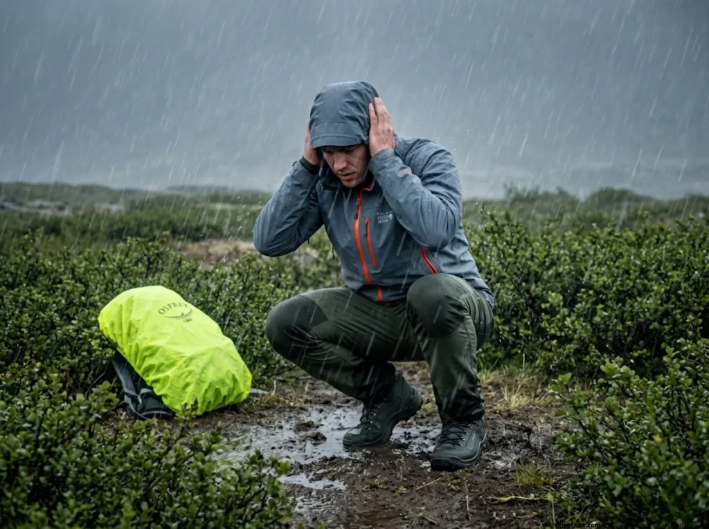 Hiker performing emergency lightning crouch in low shrubs during a severe thunderstorm downpour 