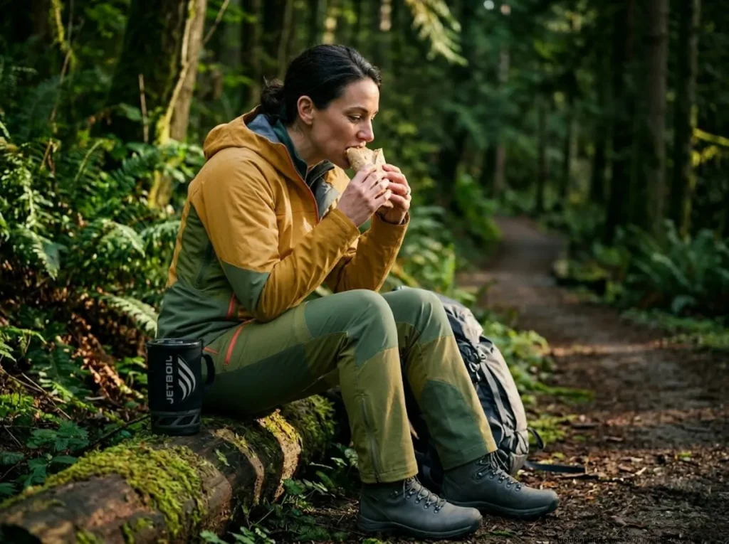 Female hiker eating high calorie trail wrap during long training day