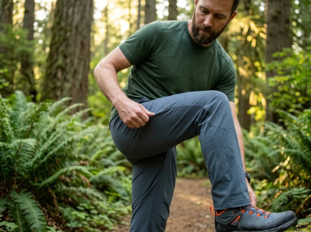 Hiker pulling Prana pant fabric to test elastane recovery 
