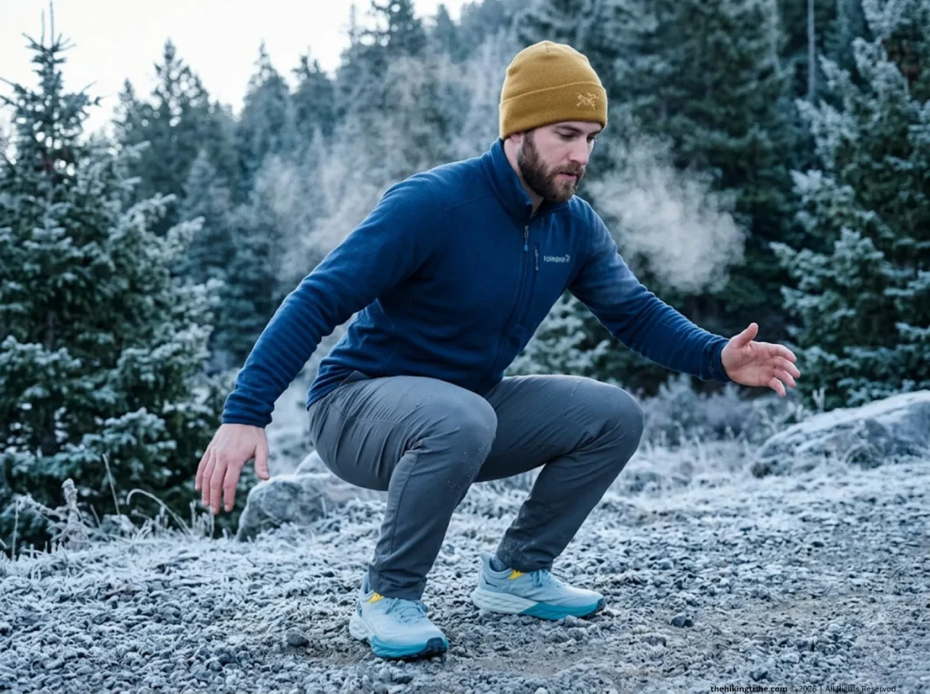 Hiker testing Patagonia pants in a deep squat 