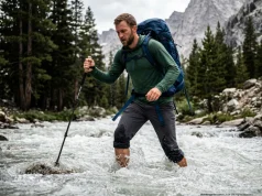 5 River Crossing Mistakes That Prove Fatal Hiker crossing a rushing river using a trekking pole for wilderness drowning prevention