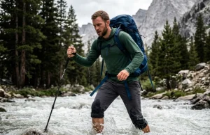 5 River Crossing Mistakes That Prove Fatal Hiker crossing a rushing river using a trekking pole for wilderness drowning prevention