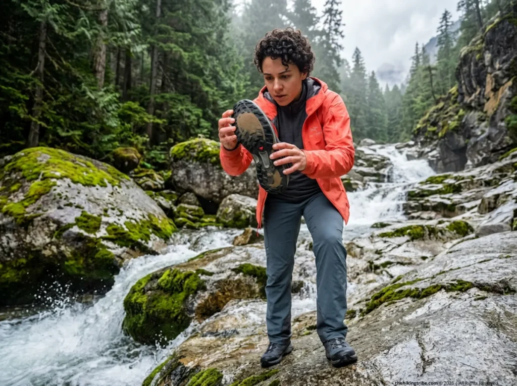 Hiker examining the bald tread and traction failure of Salomon hiking shoes on wet rock.
