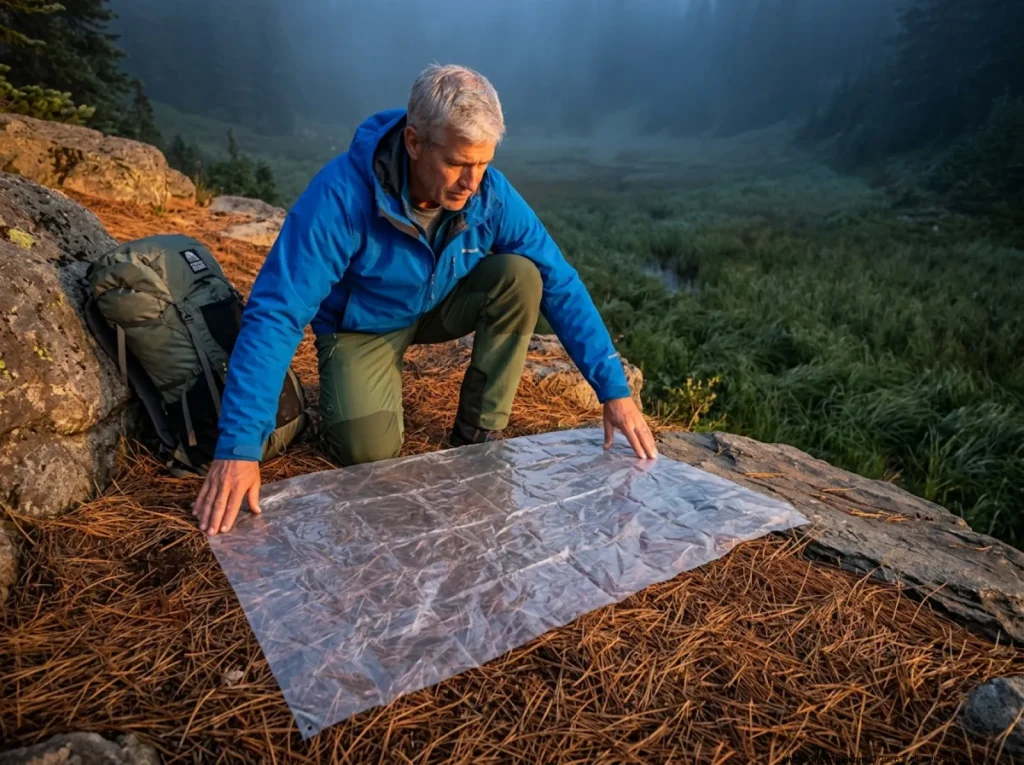 Experienced hiker laying a polycryo groundsheet on dry rock to prevent tarp condensation and avoid cold sinks