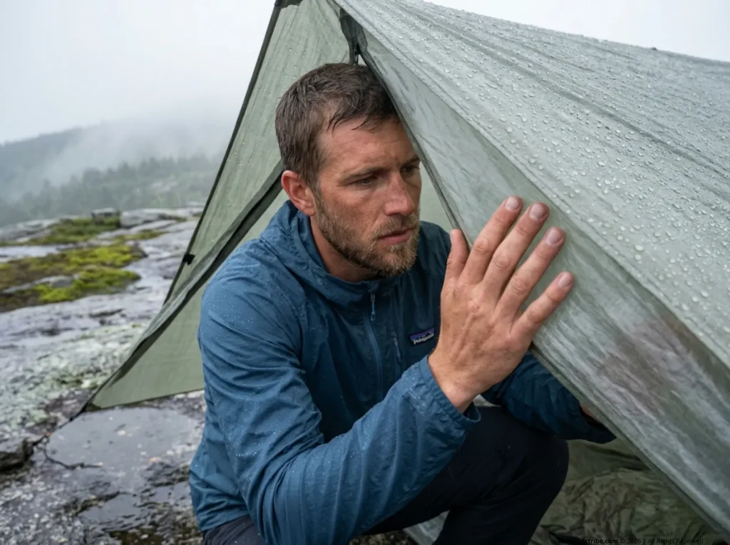 Hiker testing the condensation and wet sag physics on the interior of a Dyneema hiking tarp