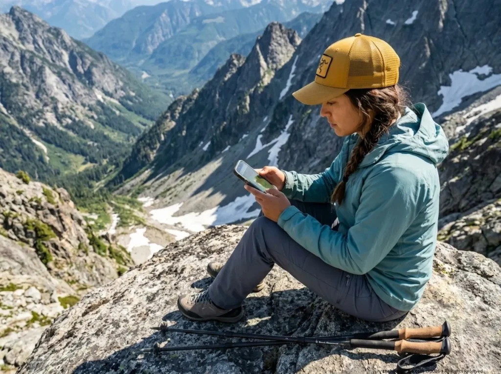 Female hiker on a rocky outcrop comparing CalTopo slope angle shading on her phone to the valley ahead