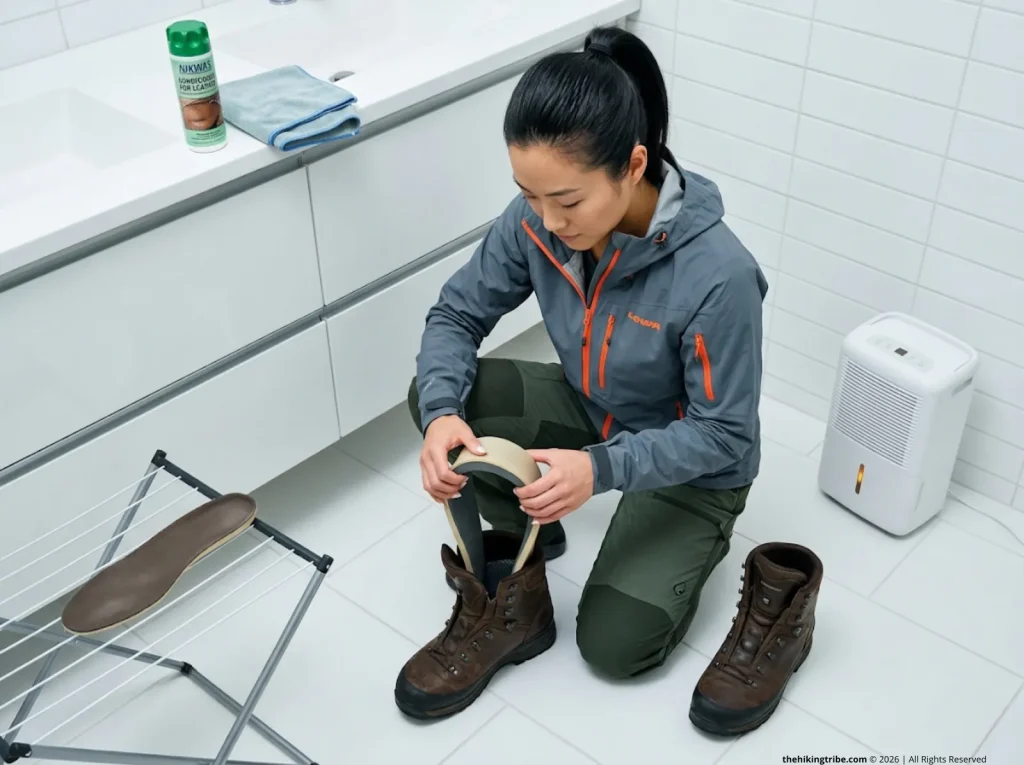 Hiker removing insoles from Lowa Tibet boots over bathroom tile for overnight dehumidifier drying protocol