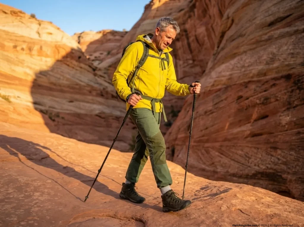 Hiker mid-stride on desert trail glancing at foot as hot spot forms, early blister warning sign