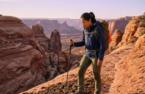 What Most Hikers Get Wrong in Fragile Ecosystems Female hiker pausing on desert canyon trail to avoid stepping on biocrust — how to hike in sensitive ecosystems safely