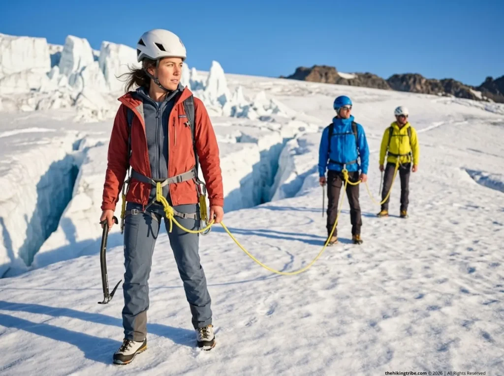 Team of mountaineers roped up for glacier travel basics, crossing snow with ice axes and taut lines.