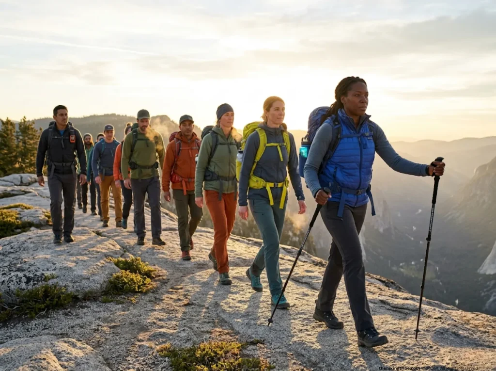 Diverse hiking group moving along a mountain ridgeline led by an experienced hike leader
