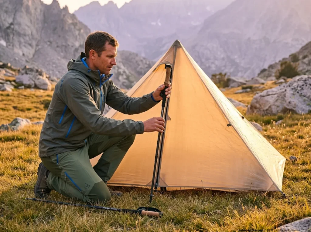 Hiker inserting Durston Iceline pole handle-up into Hyperlite Mid 1 tent at alpine meadow