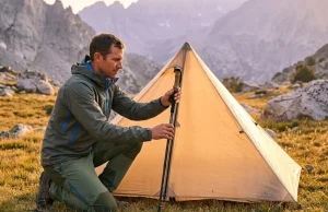 How to Use Trekking Poles as Tent Support That Holds Hiker inserting Durston Iceline pole handle-up into Hyperlite Mid 1 tent at alpine meadow