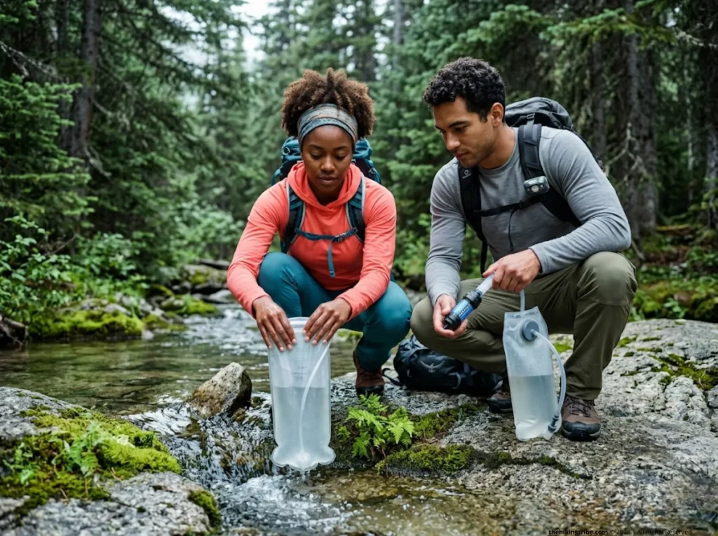 Hikers filling Sawyer Squeeze water filter at mountain stream — field testing hiking gear