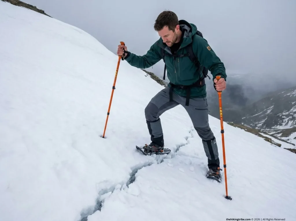 Hiker identifying avalanche terrain shooting cracks