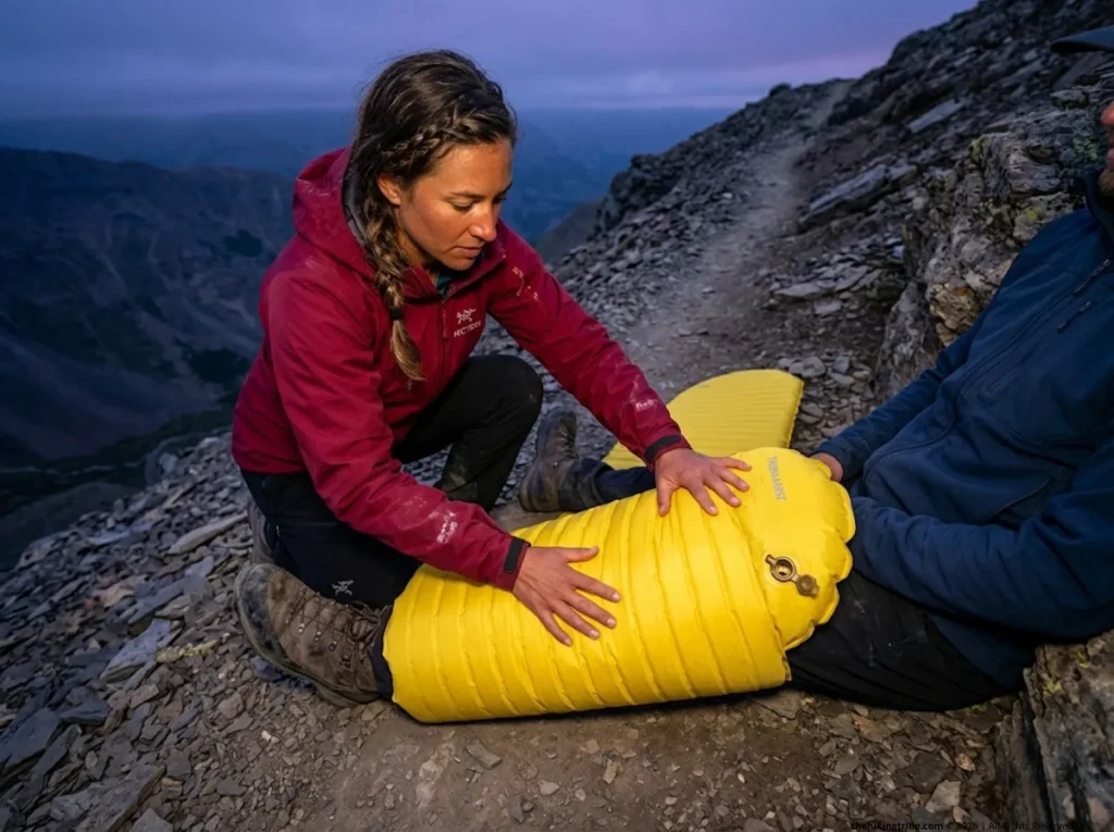 Female hiker wrapping a yellow Therm-a-rest sleeping pad around a patient's leg to create an improvised air splint.