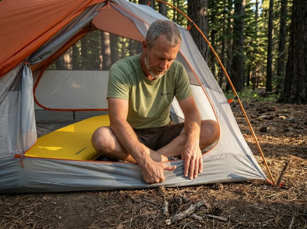 Hiker testing tent floor denier against sharp forest debris to determine abrasion resistance.