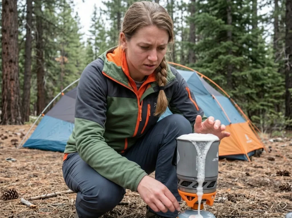 Jetboil Zip boiling over with pasta foam spilling at forest campsite