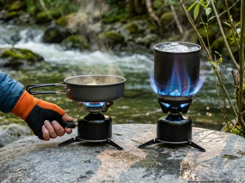 Jetboil MiniMo simmer vs Flash full blast comparison at river camp