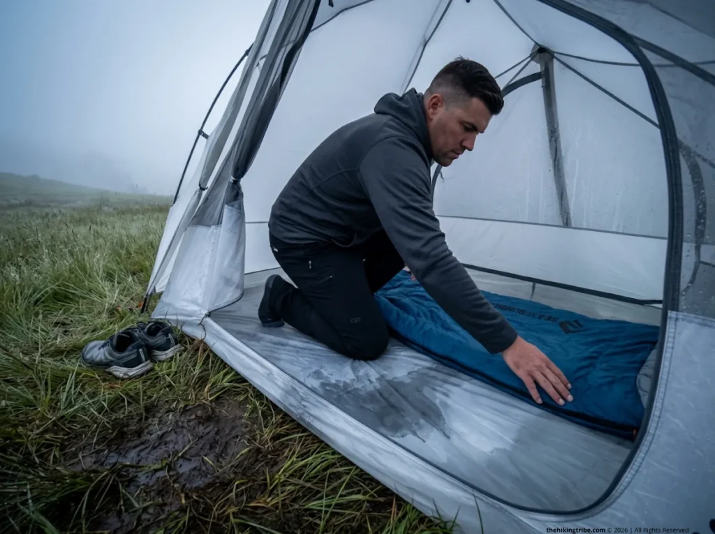 Backpacker kneeling in tent on wet ground, showing how 25 PSI pressure forces moisture through.
