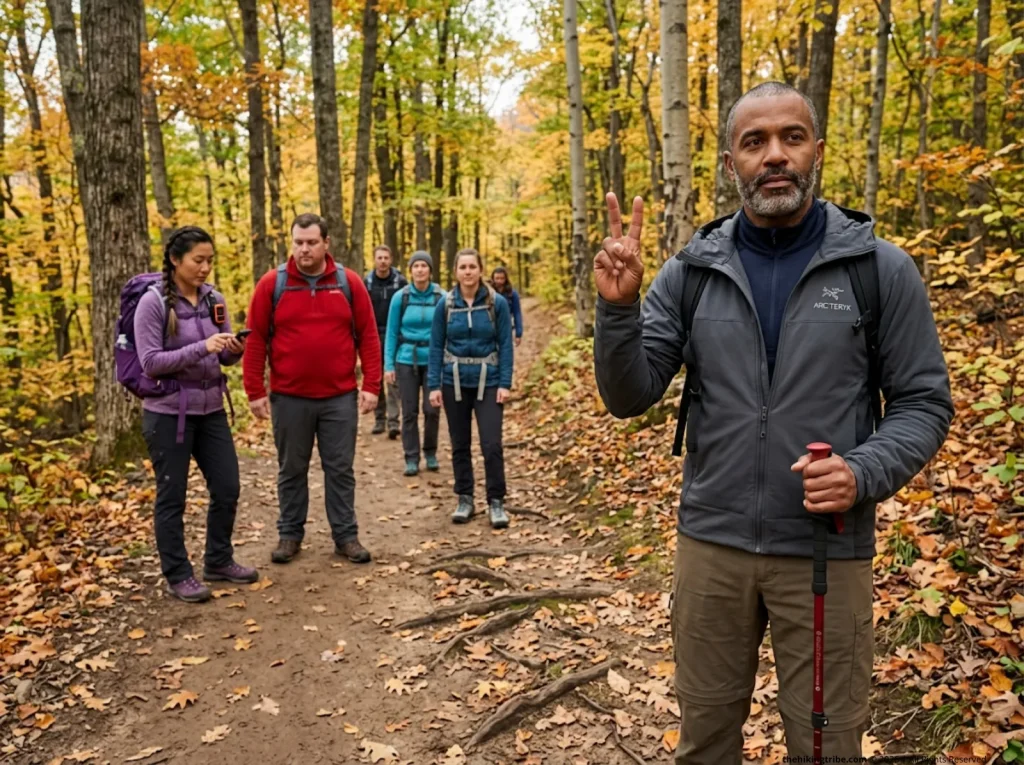 Lead and Sweep hiking roles illustrated with two leaders positioned at front and rear of group 
