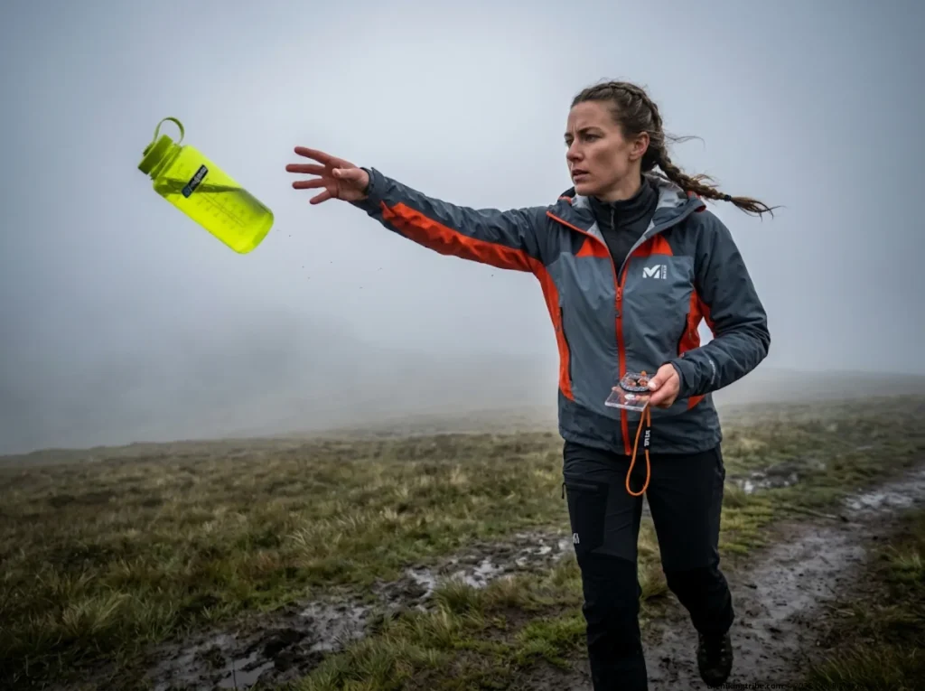 Hiker throwing a marker to navigate straight in zero visibility