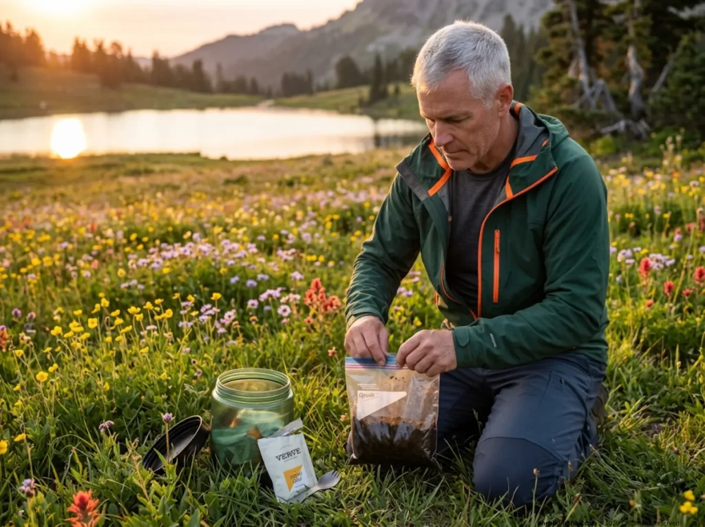Experienced hiker sealing Opsak bag of spent coffee grounds near subalpine wildflower meadow