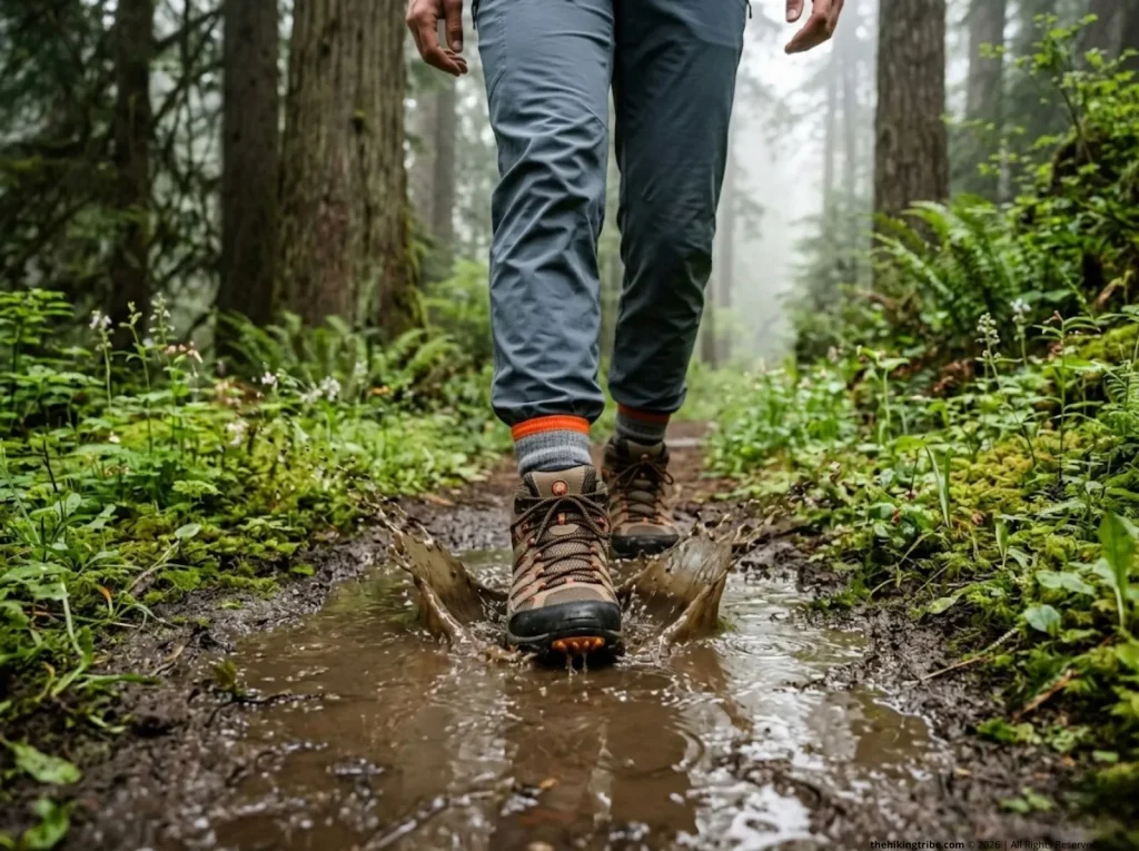 Hiking boots walking directly through mud puddle to protect surrounding trail vegetation