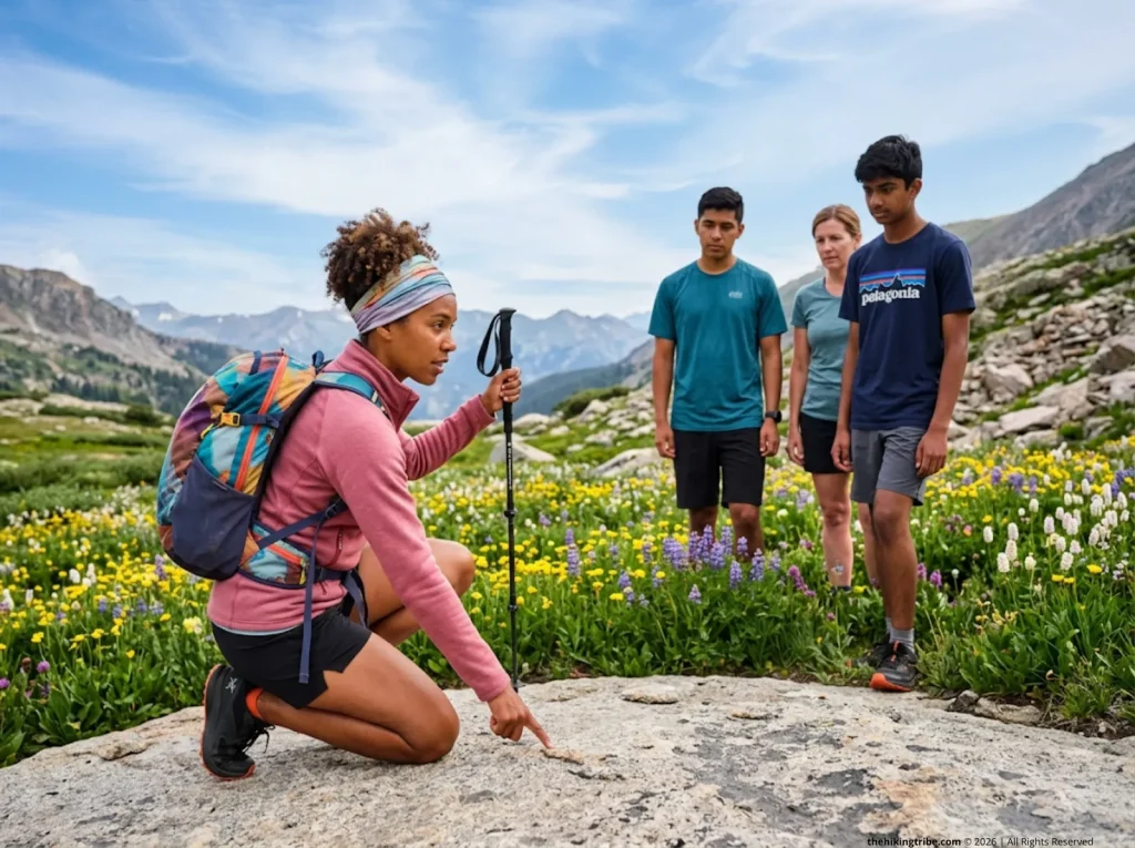 Hike leader demonstrating Leave No Trace group break techniques on durable granite in an alpine meadow