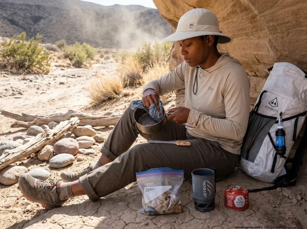 Hiker dry-cleans Jetboil pot with bandana in desert campsite no water available